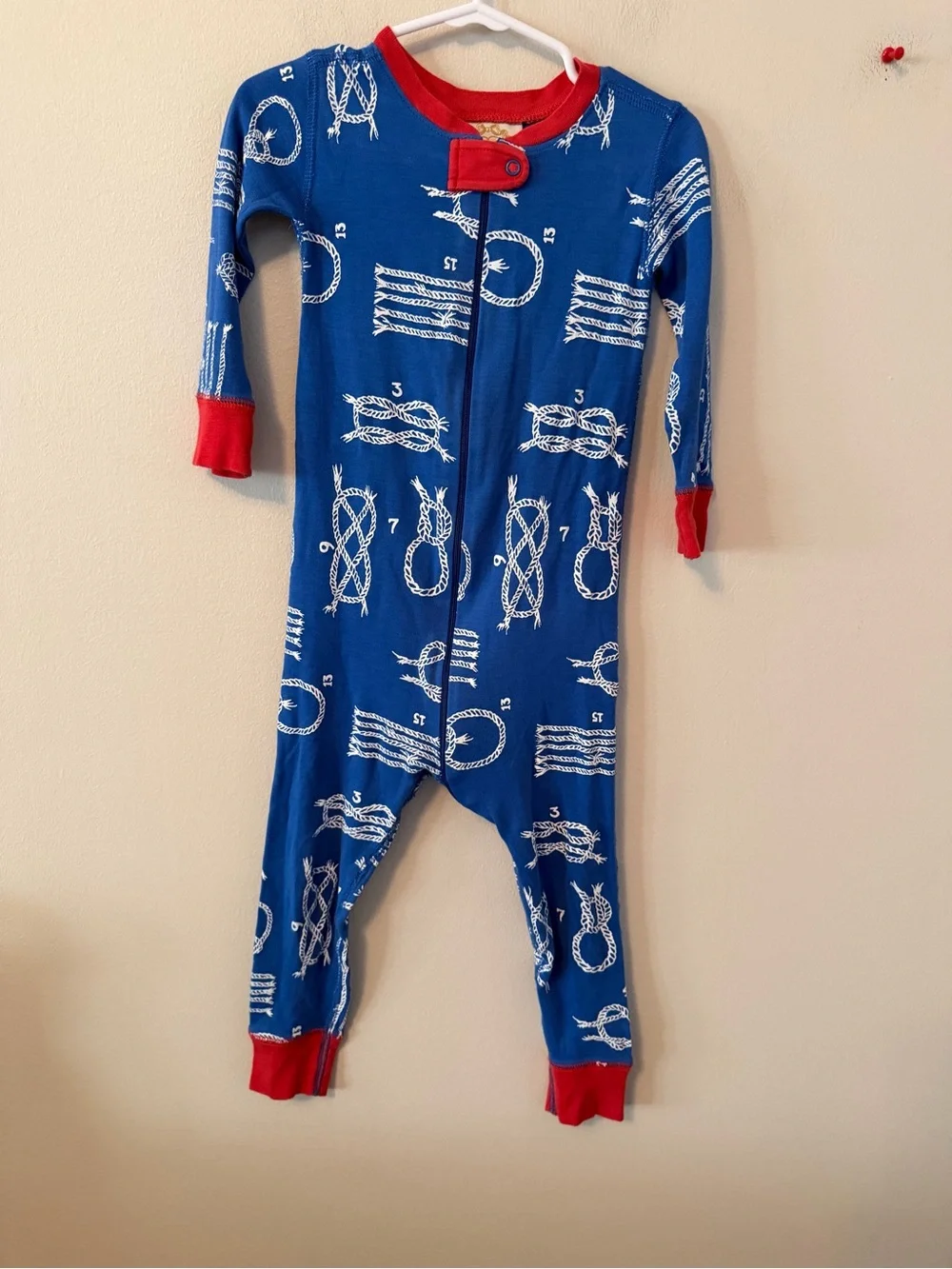 The Beaufort Bonnet Company Blue Knot-Print One-Piece Pajamas with Red Trim